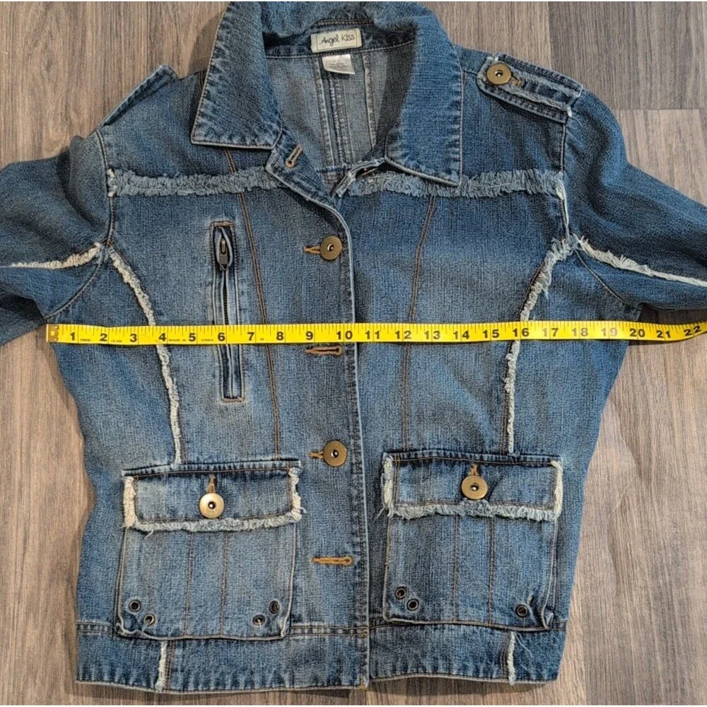 Angel Kiss Women's Blue Frayed Denim Jacket Button Front With Pockets Size XL - Picture 6 of 8